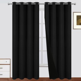 LEMOMO 100% Blackout Curtains 52 x 95 Inch Black Curtains 2 Panels Darkening Thermal Insulated Bedroom Curtains