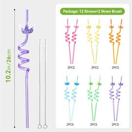 Snowfall - Juego de 12 pajitas reutilizables con purpurina en espiral tipo corona de princesa, para fiestas de cumpleaños infantiles, temáticas de princesas o piscina