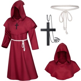 TOKYO REVENGERS Medieval Renaissance Monk Friar Priest Wizard Cloak Hooded Robe Cosplay Belt Necklace Set(Red S)