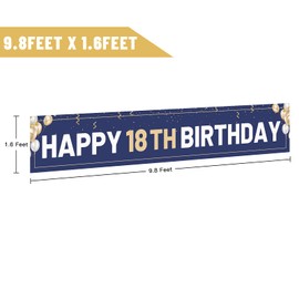 Happy 18th Birthday Banner Blue, Large 18th Bday Sign, 18th Birthday Party Outdoor Decoration for Boy Men（9.8 x 1.6 feet）