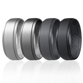 ROQ Silicone Rubber Wedding Ring for Men, Comfort Fit, Men's Wedding Band, Rubber Engagement Band, Enhanced Breathability, Inner Arrow Grooves, 8mm Wide 2mm Thick, 4 Pack, Black, Silver, Grey, Size 8