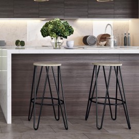 SIMPLIHOME Simeon Industrial Metal 30 inch Metal Bar Stool with Wood Seat in Natural / Black for the Dining Room and Kitchen