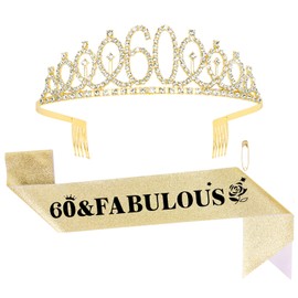 Luixenir 60th Birthday Sash and 60th Birthday Tiara, Rhinestone Crown Headband for Women, 60 and Fabulous Gold Birthday Party Supplies