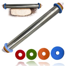 IntXanth Stainless Steel Rolling Pin with Thickness Rings, Adjustable Rolling Pin for Baking, 17 Inches Cookie Rolling Pin, for Cookie Flat Dough Pizza Pie