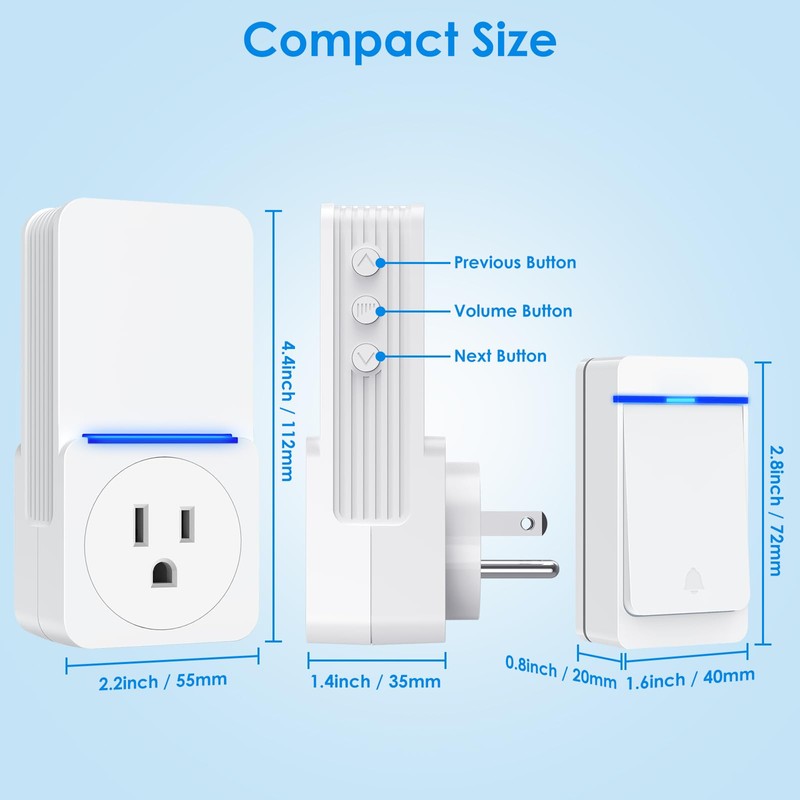 Wireless Doorbell,2 plug Self-Powered Doorbell In receivers,1 Waterproof Button,Suitable for