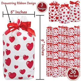 BASHOUT Valentines Day Drawstring Treat Bags | 36 Pcs Valentines Day Party Pack | 6” x 9” Drawstring Candy and Gift Pouches | 3 Adorable Valentines Heart Designs | Office, Classroom Party Goodie Bags