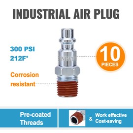 SUNGATOR 1/4 Inch Male Air Plugs, 10-Pack NPT Industrial Iron Air Hose Fittings with 1/4'' Flow Hole, Quick Connect Gas Line Fittings with Pre-Coated Sealant, M Style Plugs Kit