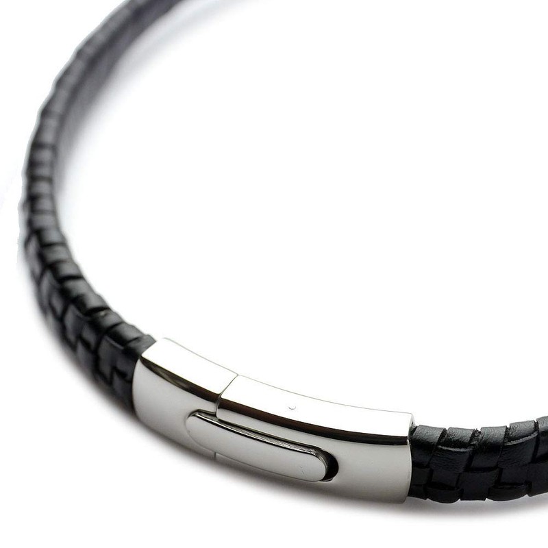 Silver One Leather Choker Men's Lattice Braided Locking Necklace, Black,