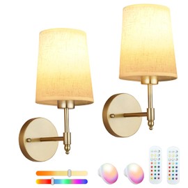 LIKERTLA Battery Operated Wall Sconce Set of 2,Gold Wireless Rechargeable Wall Lamp,Fabric Shade Wall Lights with Dimmable Detachable 15 RGB Light Bulbs and Remote for Bedroom Living Room Hallway