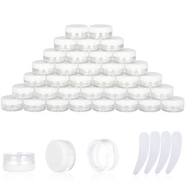 50PCS 3 Gram Sample Containers, 3ml Empty Jars with Lids, Small Cosmetic Containers, Mini Sample Jars with 4PCS Mini Spatulas for Make Up, Oils, Lotion, Powder, Paint, Jewelry, Lip Balms(White Lid)