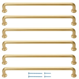 French Furniture Fittings Cupboard Handles, Set of 6 Door Handles, Matt Brushed Brass Cabinet Handles for Kitchen Cupboards, Contemporary Curved Pull Handles, Durable, Stylish, Easy to Install, 128mm