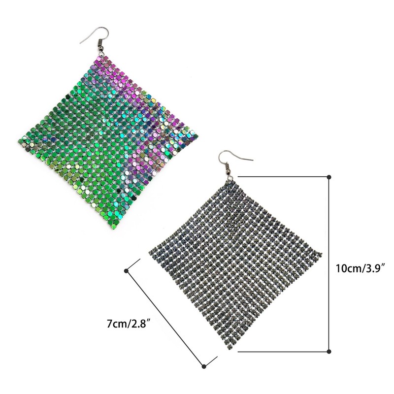 Suyi Trendy Women Earrings Metal Mesh Grid Sequins Tassel Long