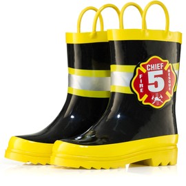 Puddle Play Rubber Rainboots 100% Waterproof - Easy-on Handles Yellow Fire Chief Size 11 Little Kid
