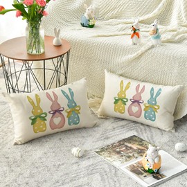 AVOIN colorlife Easter Polka Dot Love Heart Colors Bunny Throw Pillow Cover, 12 x 20 Inch Bow Rabbit Cushion Case Decoration for Sofa Couch Set of 2