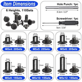 YORANYO 110Sets Chicago Screws Leather Rivets Assorted Screw Rivets Chicago Binding Screws for Decorate and Repair Leather Craft Belt Bag Shoes Purse Bookbinding (Gunmetal Black, M5*4,5,6,8,10,12)