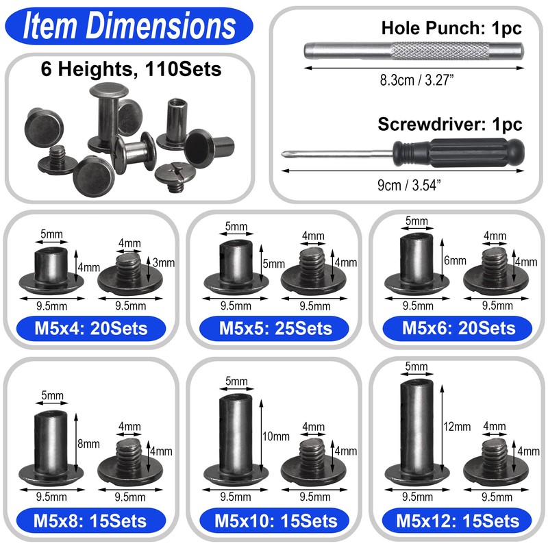 YORANYO 110Sets Chicago Screws Leather Rivets Assorted Screw Rivets Chicago