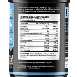 Colágeno Hidrolizado, Biotina, Magnesio, Ácido Hialurónico y Vitamina C en Polvo de 60 Porciones. Alta absorión de Ingredientes Naturales. Collagen Po