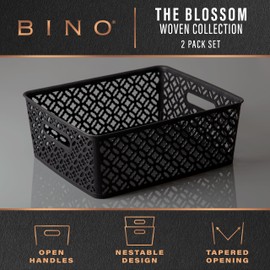 BINO l Plastic Storage Baskets, Large - Black | THE BLOSSOM COLLECTION l Multi-Use Organizer Bin l Built-in Handles l Plastic Woven Basket for Organizing l Pantry & Home Organizing Basket