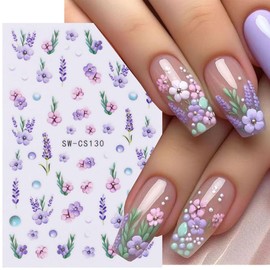 Summer Flower Nail Art Stickers 3D Flower Butterfly Nail Decals Daisy Pink Purple Petal Lavender Floral Nails Design Adhesive Sliders Purple Tulip Manicure Decals for DIY Nail Art Decorations 8Sheets