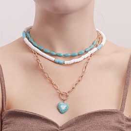 ALRNBY Gold Layered Necklace for Women Chunky Necklace Statement Choker Necklace Stack Diamond Shell Trendy Jewelry Gift(C8 Blue Turquoise)