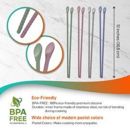 RECOHOME Reusable Long Silicone Cooking Chopsticks with Spoon 12 Inches 1 Pair, Dishwasher Safe, BPA-free Non-Slip, Korea Kitchen Utensils (Pastel Blue)