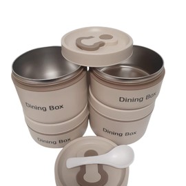 Divas World Portable Lunch Box with Spoon Set Stackable Insulated Bento Lunch Box 4-Layer Stainless Steel Leakproof Food Containers with Thermal Bag Work School Travel (Beige Lunch Box)