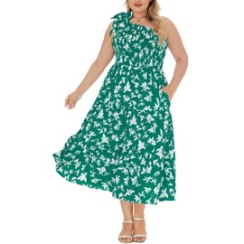 KIMCURVY Plus Size Spring Dress Elegant Wedding Guest Green Floral 2025 A-Line Smocked Maxi Tiered Dress with Pockets 22W