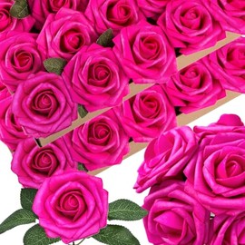 50 piezas de flores artificiales rosa fuerte, rosas falsas de espuma fucsia con tallos de 12 hojas, de aspecto real, rosas rosa oscuro falsas para ramos de boda, despedidas de soltera, centros de mesa