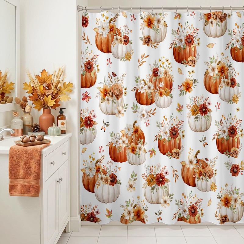 Lindameler Fall Shower Curtain for Bathroom Autumn Farmhouse Floral Pumpkin