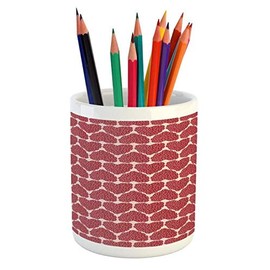 Lunarable Valentines Day Pencil Pen Holder, Flower Filled Hearts Pattern Romantic Love Themed Hand Drawn Artwork, Printed Ceramic Pencil Pen Holder for Desk Office Accessory, Red and Pale Pink