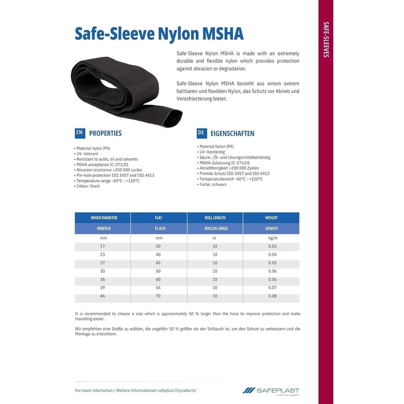 Safeplast Safe-Sleeve Nylon MSHA Hose Protector Diameter 27 mm, Textile
