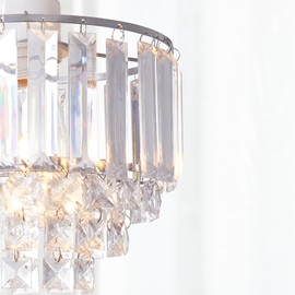 SHINY STAR Crystal Easy-fit Pendant Lampshade,Modern Chrome Frame Ceiling Lightshades,Bevelled Crystal Acrylic Oblong Rods Beads Square-Cut Droplets 4 Tiers Chandelier 907