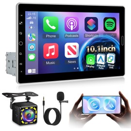NHOPEEW Single Din 10 Inch Touchscreen Car Radio with Wireless Carplay and Android Auto - Detachable IPS Screen Car Stereo - Bluetooth/AM/FM/Mirror Link/SWC + 12leds Backup Camera & Microphone