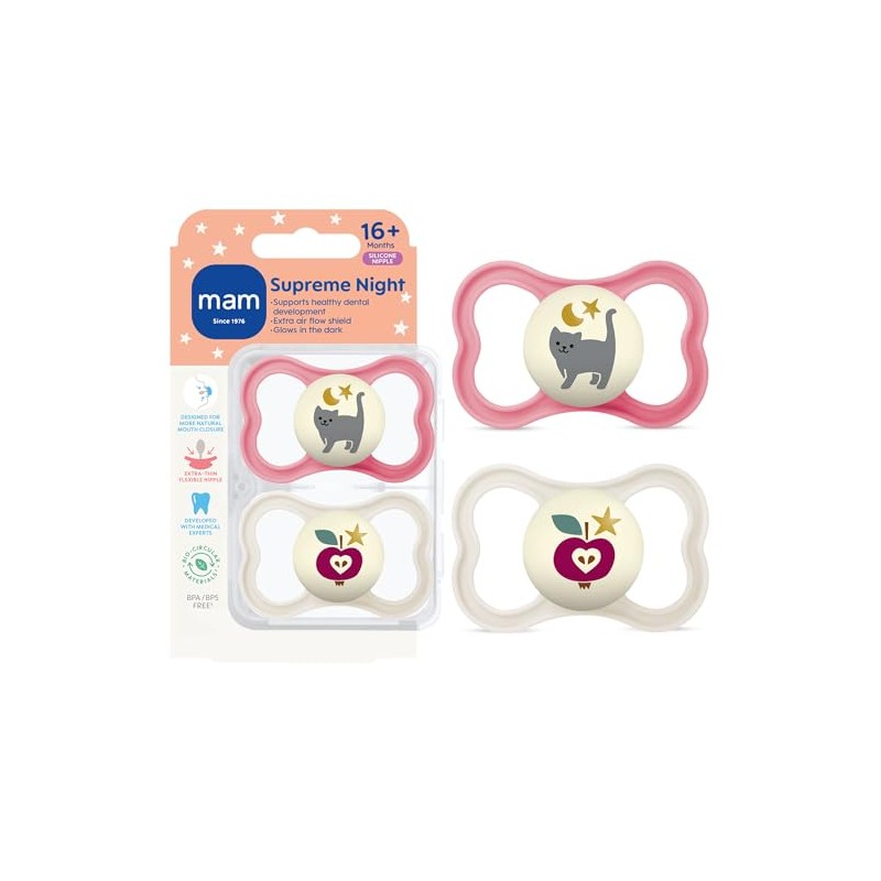 MAM Supreme Night Pacifiers (2 Pack, 1 Sterilizing Pacifier Case),