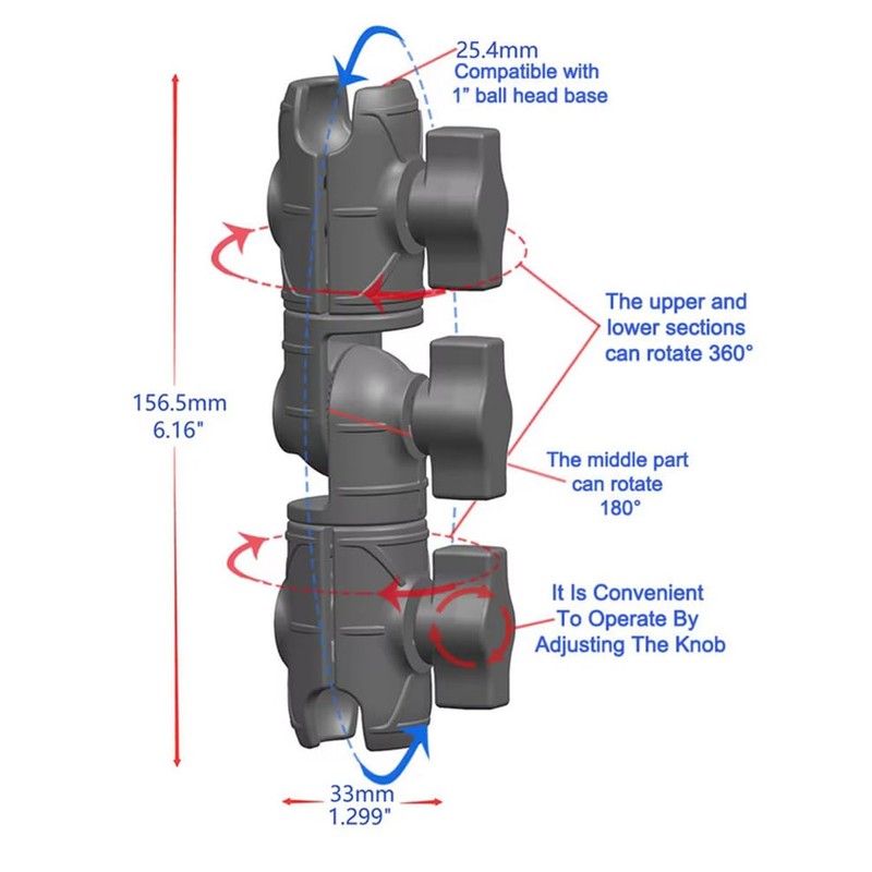 Strg Double Socket Swivel Arm with Dual 1" Ball sockets,