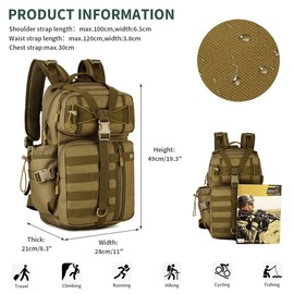 HUNTVP 30L Tactical Backpack Molle Military Rucksack Large Laptop Sports Daypack for Hiking Camping Fishing Hunting Fitness School (Brown-30L)