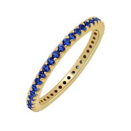GOURIK 18K Yellow Gold Plated Stackable Created Sapphire Ring For Women - Thin Eternity Band For Stacking - Sapphire Light Weight Wedding Eternity Band Size 7.5