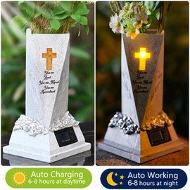 Cemetery Vase, Cometery Decor Solar Vase with LED Lights for Fresh or Artificial Flowers, Solar Grave Flowers Holder Headstones Vases, Sympathy & Memorial Gifts for Loss of Loved One (Grey)