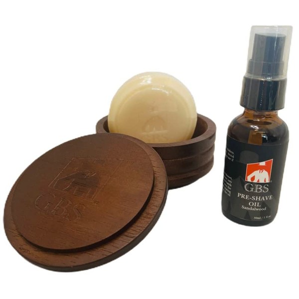 G.B.S Dark Wood Shaving Soap Bowl Cup with Lid Cover, Natural Shaving Soap, And Sandalwood Pre-Shave Oil