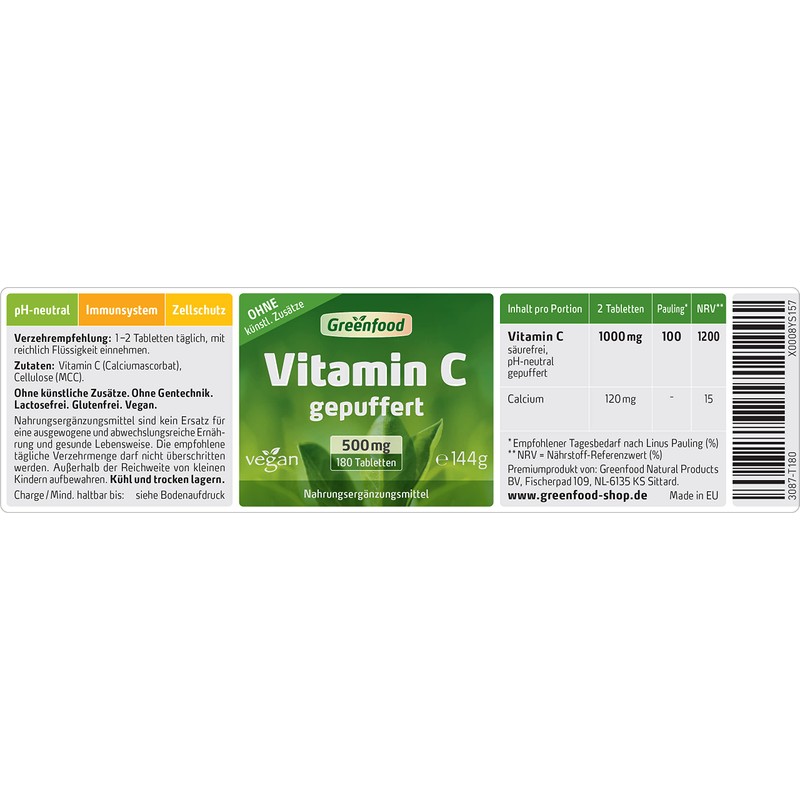 Greenfood vitamin C, stomach-friendly, pH-neutral, 500 mg, high dosage, 180