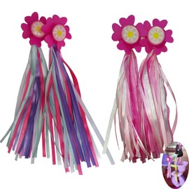 YehVeh 2 Pair Kids Bike Streamers Rainbow Pink Flower Tassels Bicycle Handlebar Streamer Grips Scooter Ribbon Decor for Boys Girls Tricycles Trike BMX Balance Bikes