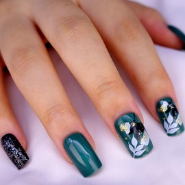 24PCS Women's Bling Press On Nails Coffin - Green Press On Nails Long, Luxurious Gold Foil Glossy Glue On Nailss, Glitter Stick On Nails, Unique Leaves Pattern Gel Fake Nails in 12 Sizes