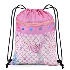 BOENFU Mermaids Drawstring Bags, Waterproof String Swim PE Bag, Large Drawstring Backpack with Outside Zipper and Hidden Inner Pocket for School Gym Traveling Swimming Party Picnic
