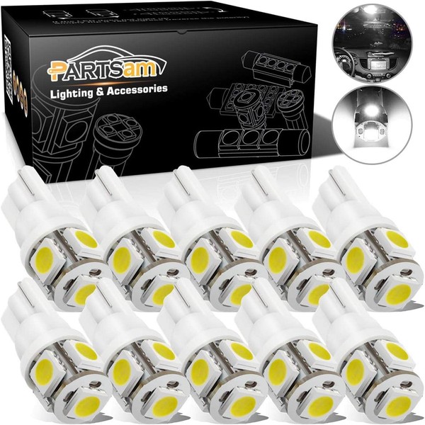 Partsam 194 168 LED Bulbs White, Super Bright T10 2825 Car Interior Dome Lights Bulbs 6000K 5050-SMD Chipsets Error Free for Car Dome Map Door Courtesy License Plate Lights, 10Pcs