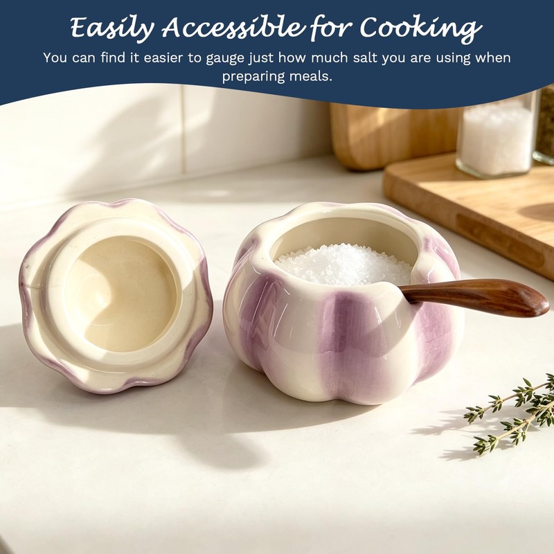 Purple Onion Shaped Ceramic Salt Cellar with Lid and Spoon,