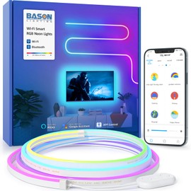 BASON LIGHTING RGB+IC Neon Rope Lights, 9.8ft LED Strip Lights, Works with Alexa, Google Assistant, Neon Lights for Gaming Room Living Bedroom Wall Decor, Music Sync, DIY Design(Not Support 5G WiFi)