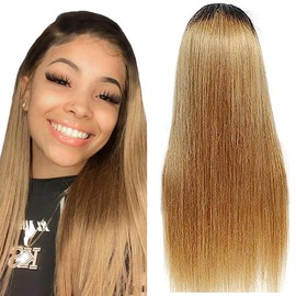 Weeybay Straight 4x4 Lace Front Wigs 1B/27 Black Root Honey Blond 100% Unprocessed HD Transparent Human Hair Wigs Ombre Blonde Color for Women 22 Inch