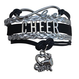 Cheer Bracelet- Cheerleading Charm Infinity Bracelet- Cheer Jewelry - Gift For Cheerleader, Cheer Team or Team (Black/Silver)