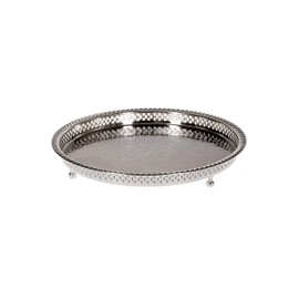 Oriental Round Brass Tray Silver-Plated Mahra, Moroccan Tea Tray in Silver, Oriental Silver Tray, Oriental Decoration on the Set Table (Diameter 32 cm)