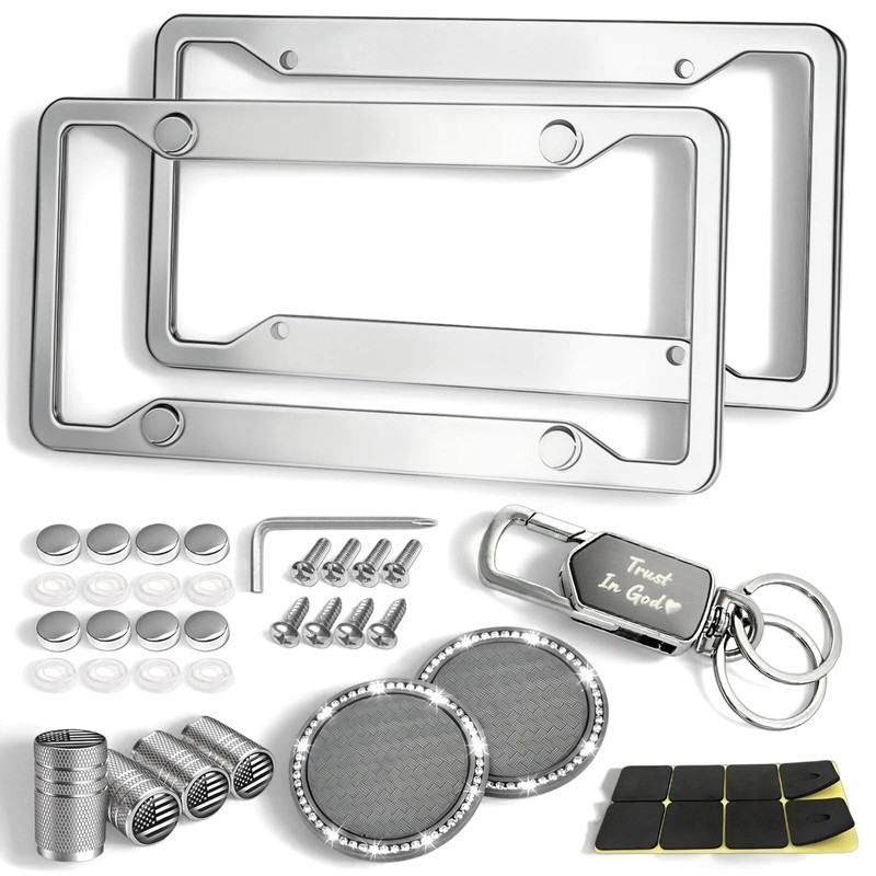 Rugged Stainless Steel License Plate Frame 2 Pack, Resistant Rustproof